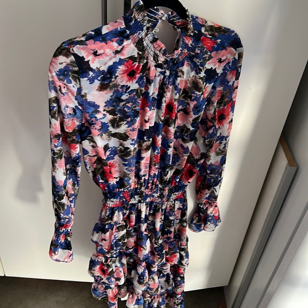 Miss Los Angeles since waist floral pink red blue size medium ruffles.